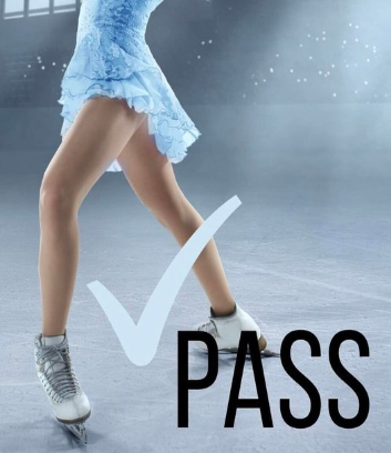 Figure skater performing on the ice with a checkmark and the word PASS overlaid