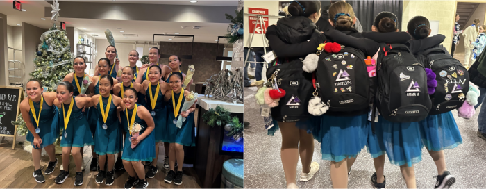 Triangle Synchro Pre-Juvenile team with medals and travel backpacks