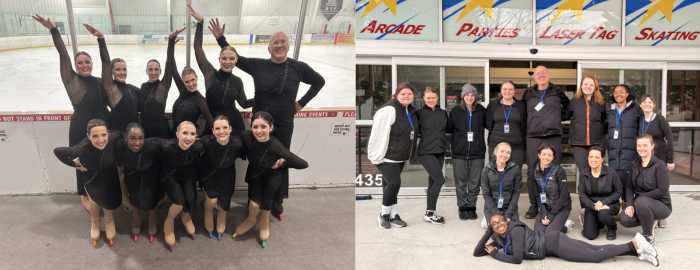 Triangle Synchro Open Adult team, split image of team posing on the ice and posing as a group at an event