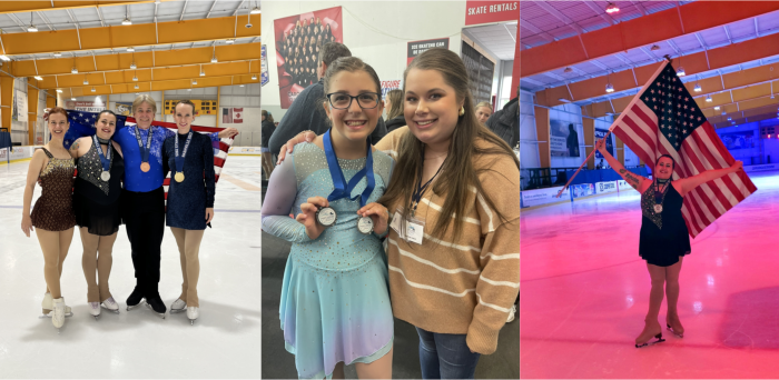 Collage of Triangle Figure Skating Club skaters posing with medals at various competitions