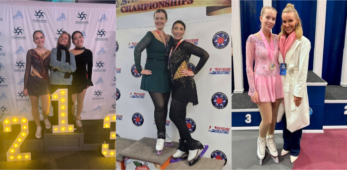 Collage of Triangle Figure Skating Club skaters posing with medals at various competitions