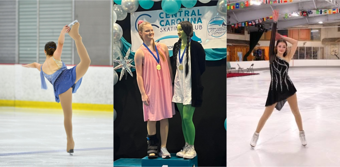 Three photos: a skater in a spiral position, two skaters on the podium at Central Carolina Skating Club, and a skater posing in a black dress